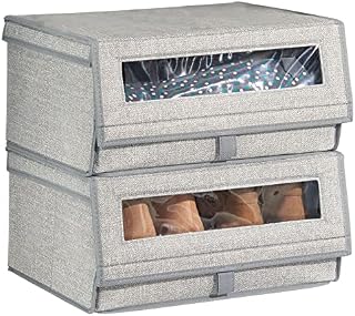 mDesign Set of 2 Stackable Shoe Storage Boxes  Large Fabric Shoe Box with Lid and Transparent Vinyl Window  Ideal Footwear Storage and Shoe Organiser Unit  Grey