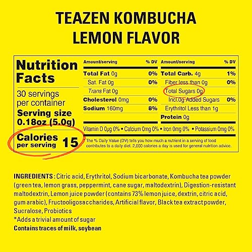 Teazen Kombucha Tea, Zero Sugar, Sparkling Fermented Powdered Mix Beverage From Korea, Live Probiotics & Prebiotics, 30 Sticks, 5.29Oz (Lemon) #TOP6