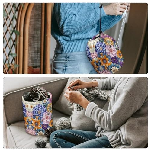 Image of Sellikakes Crochet Organizer Yarn Holder, Bohemian Flowers Portable Knitting Bag Crochet Storage Bag Store Crocheting Supplies Needles Skein Balls Sewing Accessories