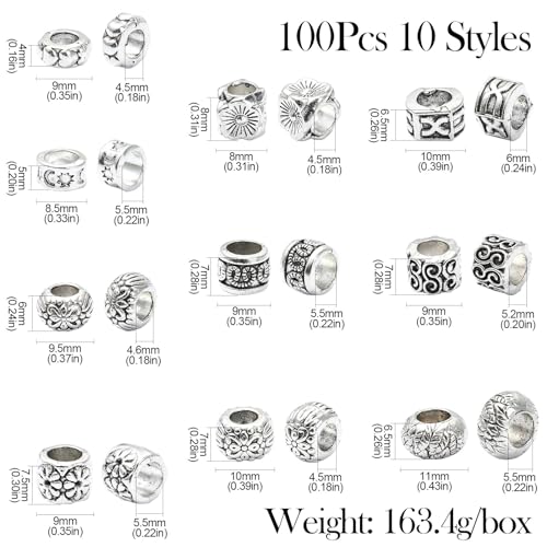 Stiesy 100Pcs 10 Styles Antique Silver Large Hole Beads Vintage European Beads Tibetan Macrame Spacer Loose Beads for DIY Snake Chain Bracelet Jewelry Making - Image 2