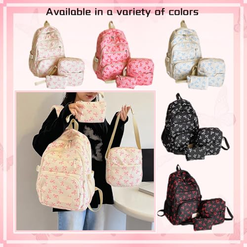 Bow Backpack 3pcs Set for Girls,Pink Bow Backpack,2025 New Large Capacity Preppy Backpacks with Bows (Pink)2