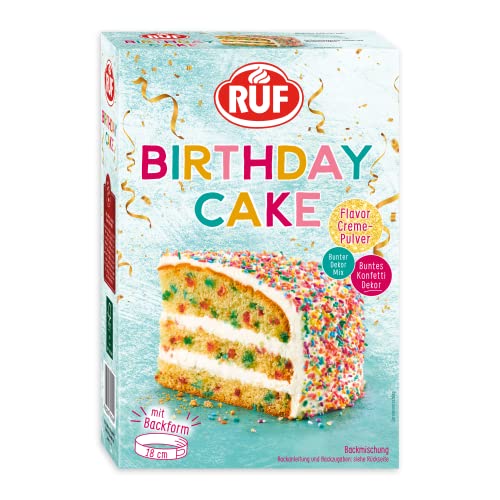 RUF Birthday Cake, Geburtstagskuchen, Schicht-Torte aus Rührteig und Konfetti-Streusel, Tortencreme und buntem Dekor-Mix, für Kindergeburtstag, Familienfeier, Einschulung, 1x425g