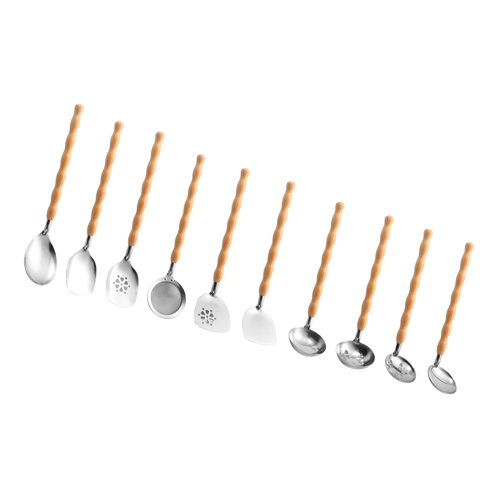 10-teiliges rostbeständiges Edelstahl Küchenwerkzeug Set, Naturholzgriff, Kochutensilien für sicheres, gesundes Kochen, ergonomisches Utensilien Set