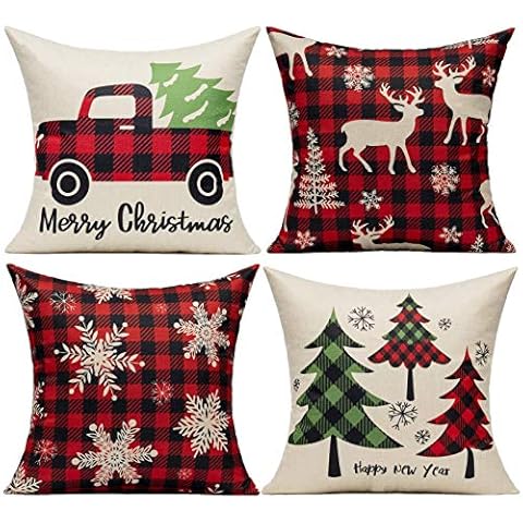 VAKADO Christmas Throw Pillow Covers Decorations Outdoor Farmhouse 16x16 Set of 4 Xmas Buffalo Check Red Deer Cushion Cases Winter Living Room Snow Holiday Home Decor for Couch Porch Indoor Navidad Cover