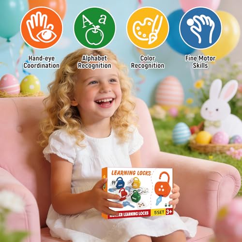Image of GEERAY Cause and Effect Toys for Toddlers 3 4 5, Montessori Lock & Key Set with 5 Apple-Shaped Locks, Keys & 10 Cards - Numbers Matching & Counting, Preschool Learning Games Gifts