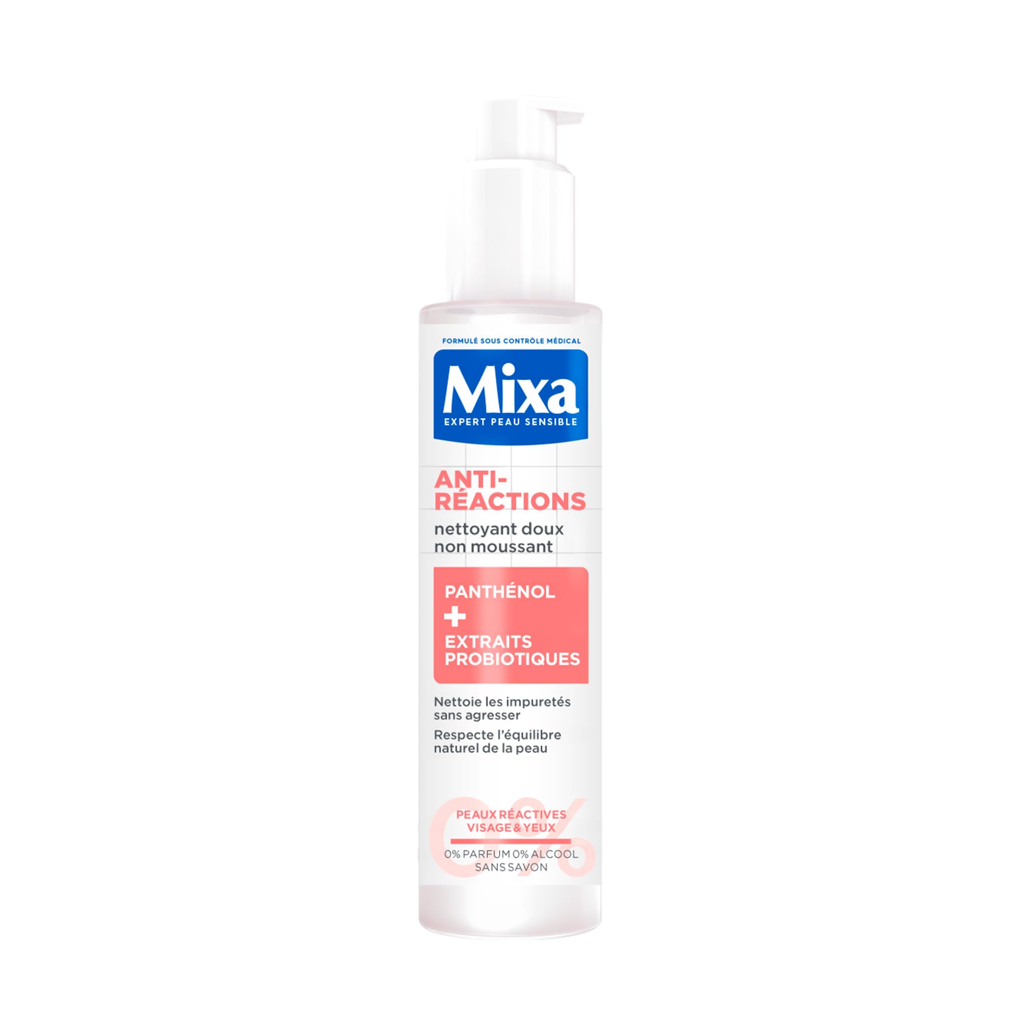 MIXA - Nettoyant Visage Anti-Réactions - Elimine les Impuretés Sans Agresser - Non Moussant, Sans Parfum, Sans Savon - Panthénol + Extraits Probiotiques - Tous Types de Peaux Réactives - 150 ml