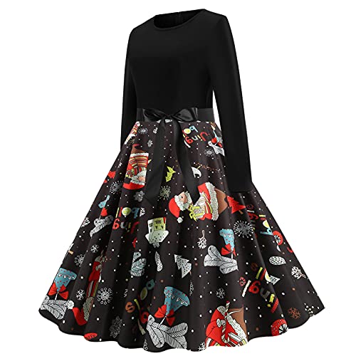 NJGRAE Robe Femme Ete Jupe Pantalon Homme Ladies Vintage Dress Long Sleeve Noel imprimé Knee-Length 1950 Housewife Evening Party Robe de Bal - Image 4