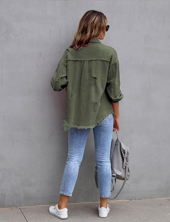 Women's Solid Ripped Distressed Denim Jacket Long Sleeve Frayed Hem Casual Sleeve Jean Coat Trucker Jackets2