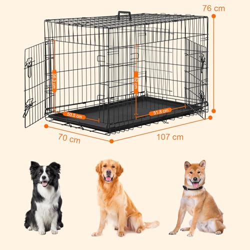 Faltbarer Hundekäfig mit 2 Türen, herausnehmbarem Tablett, 107 x 70 x 76 cm, Transportkäfig für Hunde, Kaninchen, Welpen und Haustiere, aus Metall, Schwarz