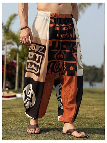 Men's Vintage Graphic Hippie Harem Pants Drawstring Loose Yoga Pants Casual Drop Crotch Trouser2