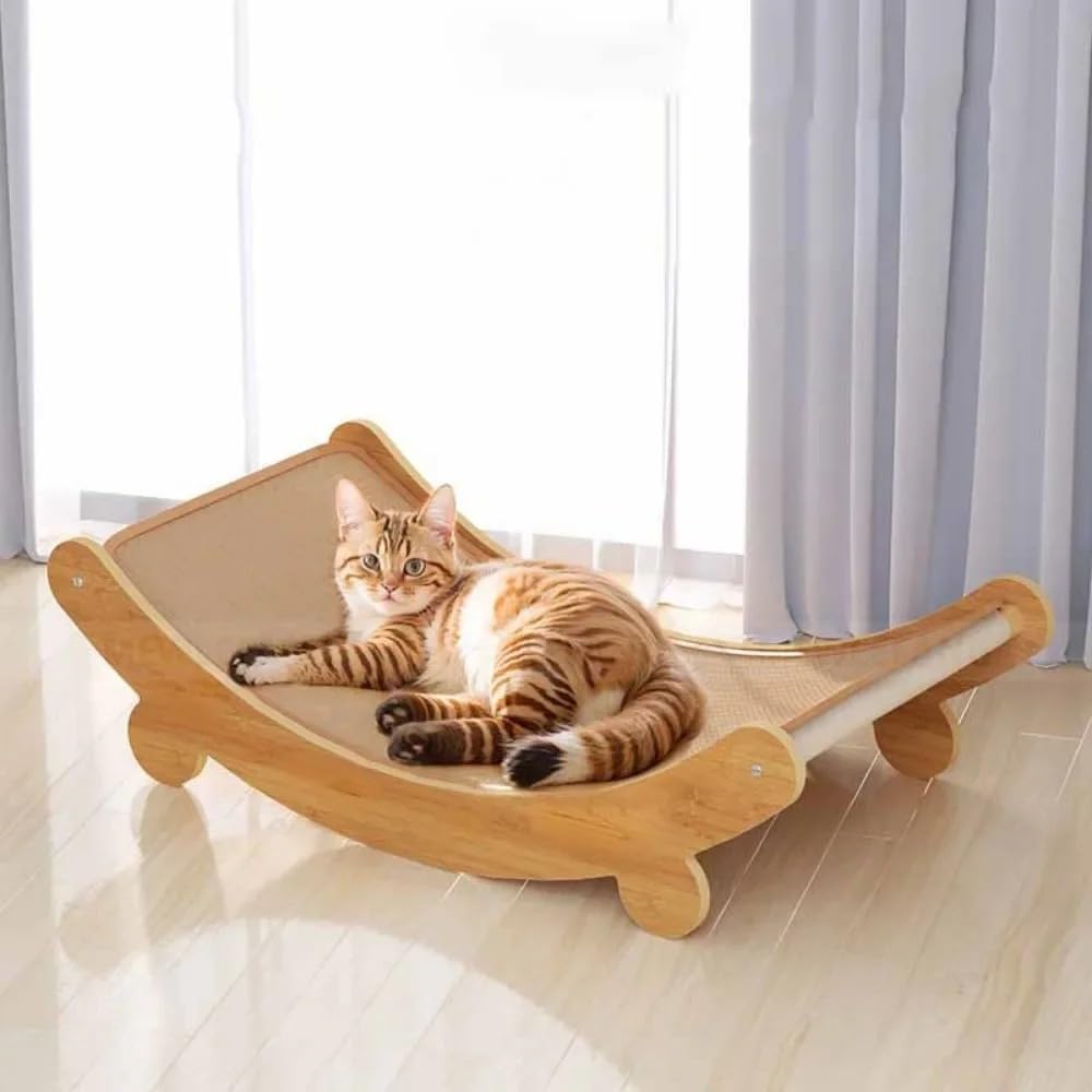 Petzen Sisal Cat Scratching Chair Bed, Curved Wooden Lounger with Sisal Scratching Pad, Large 50cm x 32cm
