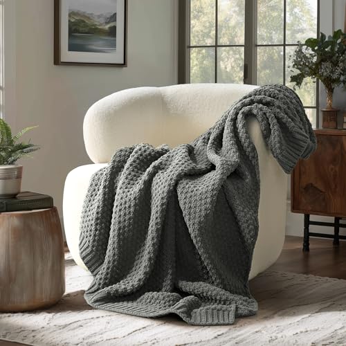 EVERGRACEHOME Chunky Chenille Knit Throw Blanket for Couch, Soft Luxurious Moss Stitch Blankets for Bed, Cozy Decorative Farmhouse Knitted Throws for Sofa, Charcoal Gray, 50" x 60"