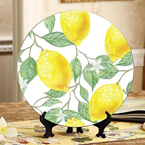 GJIANBING Leaf Green Yellow Lemon Fruit Watercolor Pattern Fancy Ceramic Plate Funny Dinner Plates Ceramic Home Wobble-Plate with Display Stand Decoration Household Decorative Plate Display