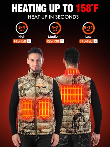 WASOTO Heated Vest for Men with 16000mAh Battery Pack Charger Lightweight Mens Heated Vest for Work Golf Cycling Hunting(Camo,L)