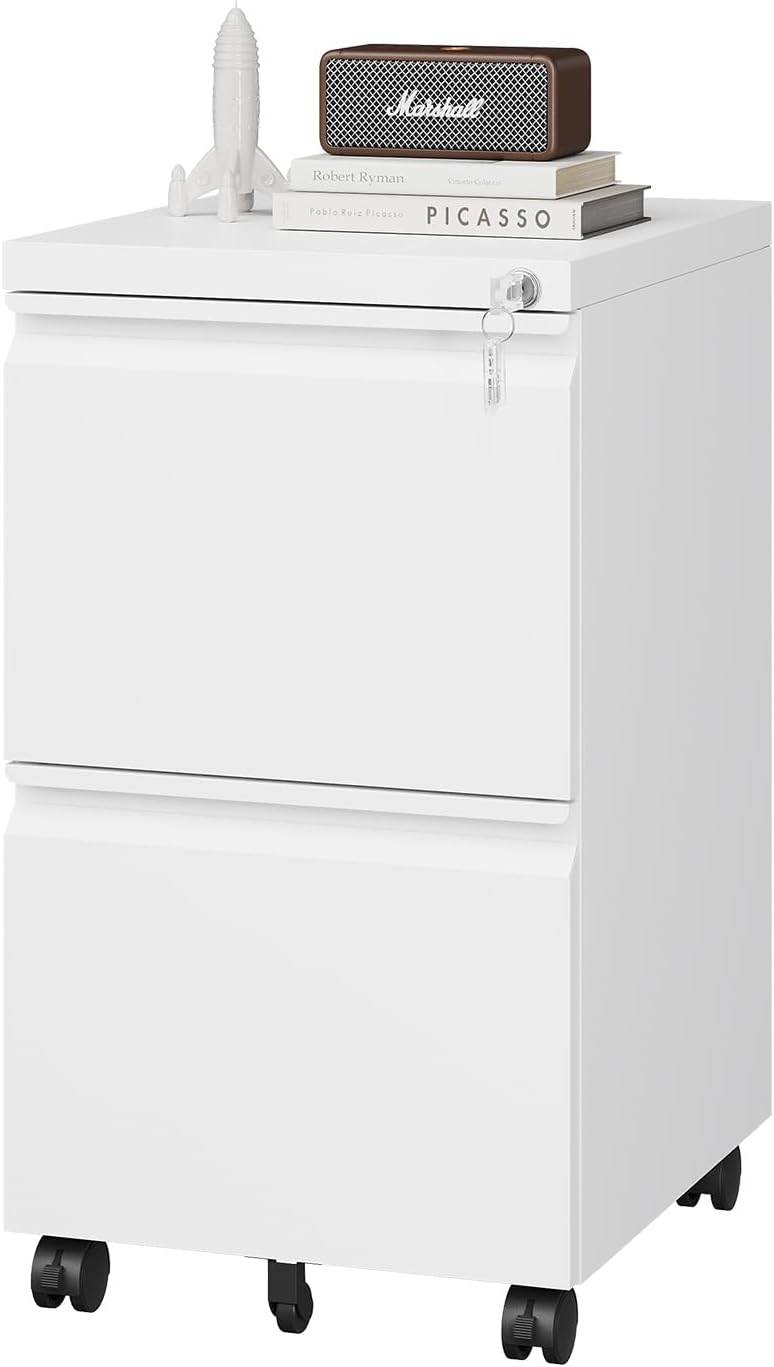 2 Drawer File Cabinet with Lock, Metal Under Desk Rolling Filing Cabinet fits Letter/Legal/A4 Size for Home Office, Mobile Filing Cabinets, Assemble Required, Black