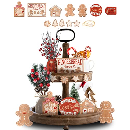 BestAlice 12 Pcs Christmas Tiered Tray Decor, Winter Christmas Wooden Tabletop Signs, Rustic Gingerbread Man Xmas Tree Snowmen Wood Block (Gingerbread Man)