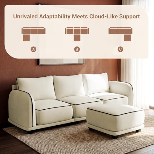 104 Inch L Shaped Modular Sectional Sofa, 4 Seater Modern Cloud Chenille Comfy Couch with Movable Ottoman & 3 Back Pillows, Oversized Comfy L Shape Couch for Living Room, Bedroom, Apartment, Beige - Image 5