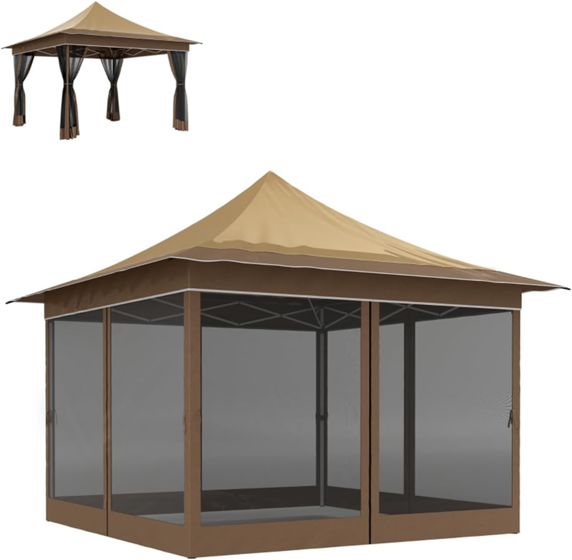 11.7ft x 11.7ft Pop Up Canopy Camping Tent, Waterproof UV Resistant Windproof Outdoor Shelter with 3-Level Adjustable Height & Mesh Screens, Foldable Portable Gazebo for Camping Backyard Events