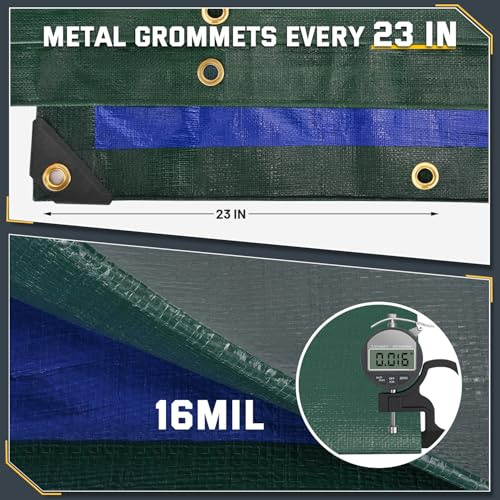 Image of Kesfitt 16 Mil Heavy Duty Waterproof Tarp with Metal Grommets, Dark Green & Blue Reversible Poly Tarp, 20x25 ft, for Outdoor Protection, Yard, Garden, Farm, Camping & Equipment Coverage