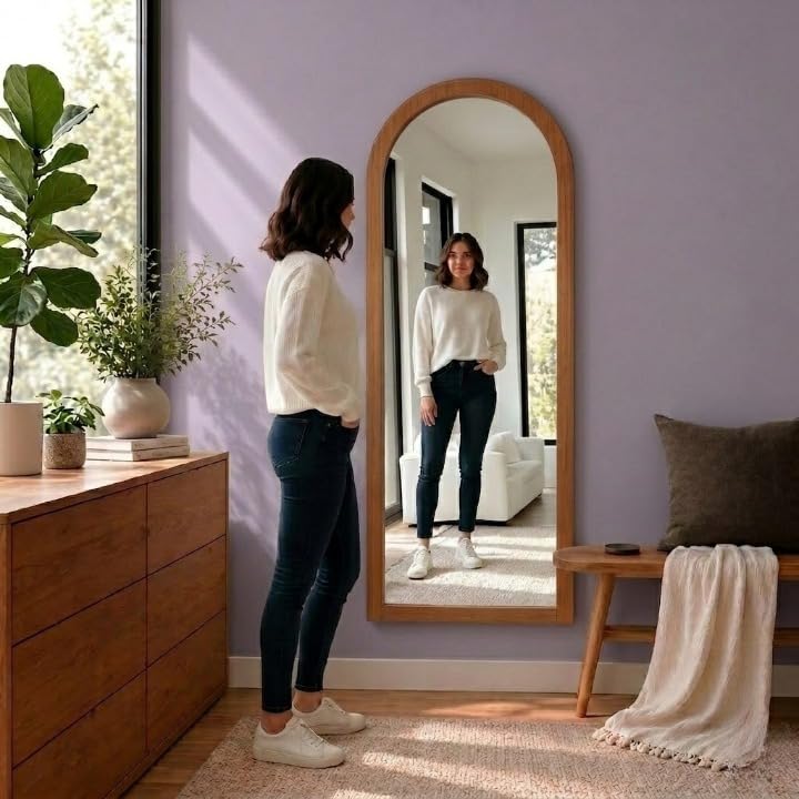 Image of Creative Arts n Frames 21 x 51 inch Full Length Dressing Chevel Long Fiber Wood Arch Framed HD Mirror Home Wall Living Room Decor Items (Umber Walnut Color Framed HD Arch Mirror)