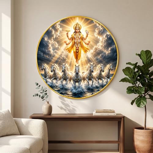 Image of SAF Lord Vishnu 7 Horse Round Wall Painting with Premium PVC Golden Frame, Divine Surya Vastu Art, Hindu Religious Home Decor for Living Room Prayer Room (20 x 20 Inch) GRL-447