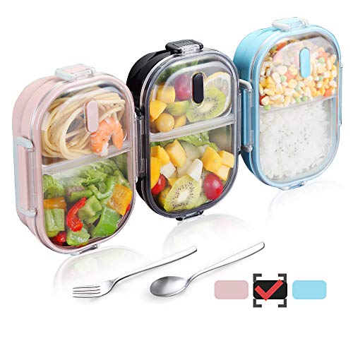 WORTHBUY Bento Lunch Box for Kids, 2 Compartments Stainless Steel Square Lunch Box with Portable Cutlery, Portion Control Food Storage Container Leakproof, BPA Free(Black)
