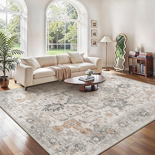 GENIMO X-large Rugs for Living Room 300x400cm, Extra Large Area Rug Washable, Vintage Boho Rugs, Low Pile, Non-Shedding, XXL Carpet, Oriental Design, Dining Room, Home, Office, Bedroom, Beige Khaki