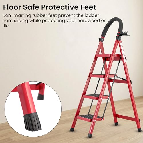 Image of Red 4 Step Ladder for Home Use with Built-in Tool Tray | Heavy Duty D Shape Rods | Ultra Large Platform | Wide Rubber Feet | 150Kg Capacity Foldable Ladder - 7 Years Warranty