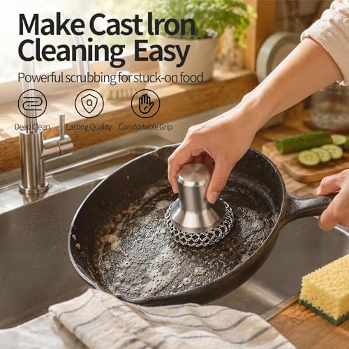 Image of Cast Iron Scrubber and Scraper, 316 Chain Mail Scrubber for Cleaning Dishes, Stock Pots, Black, 1 Count ((Small&Large Chainmail,2pcs))