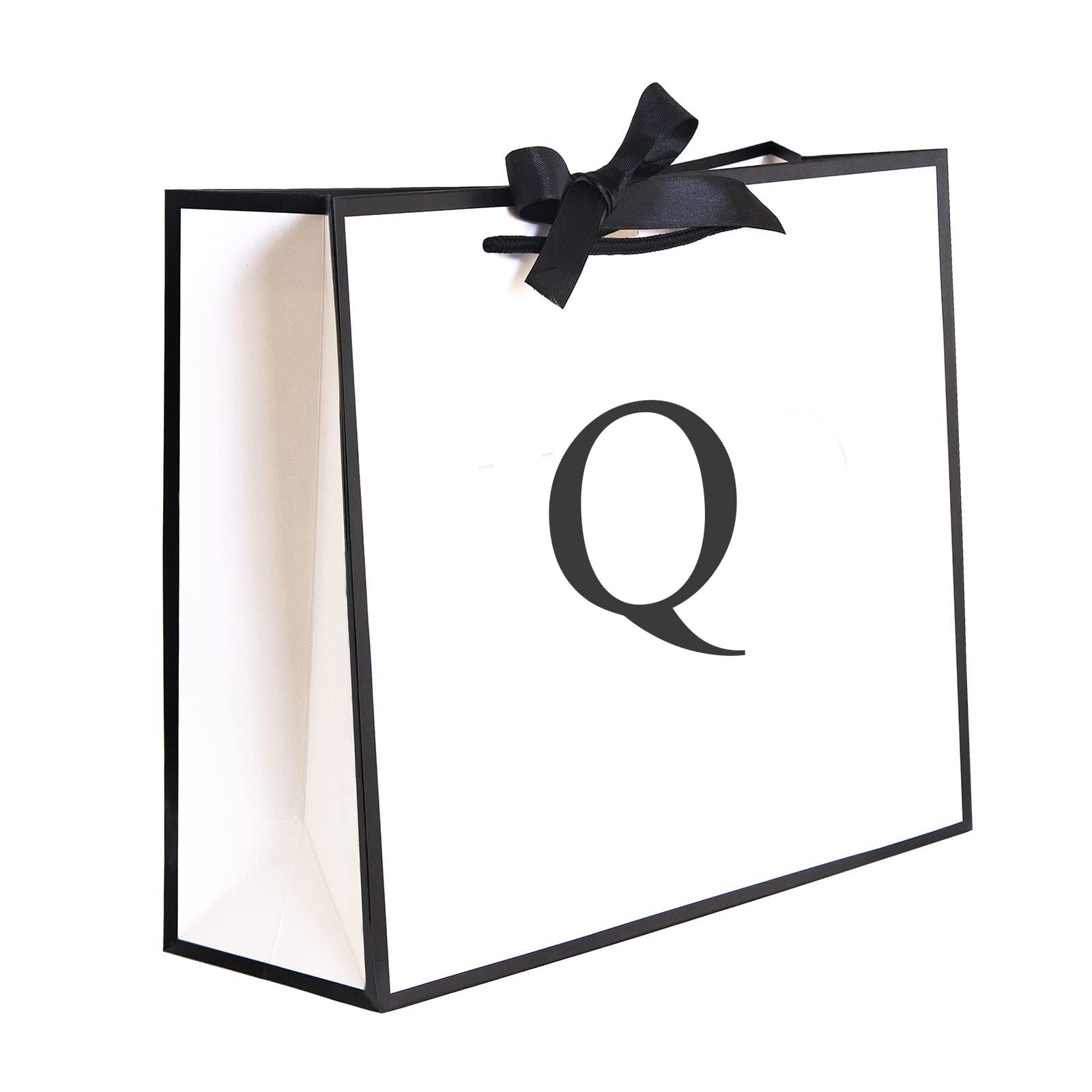 QLSKO Initial Gift Bag with Bow Ribbon Personalized Horizontal Paper Bag Monogrammed Birthday Gifts for Women Men (Q-Medium)