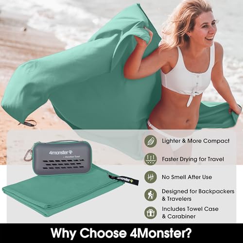 Image of 4Monster Camping Towels Super Absorbent, Fast Drying Microfiber Travel Towel, Quick Dry Ultra Soft Compact Gym Towel for Swimming Beach Hiking Yoga Travel Sports Backpack