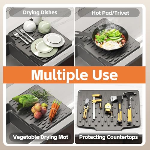Image of HROY Dish Drying Mat Multi use for Kitchen Counter or Sink with Built-in Drain Lip, Non-Slip Quick Drying Mat, Easy to Clean, Heat Resistant Drying Matt (30 * 25 cm)