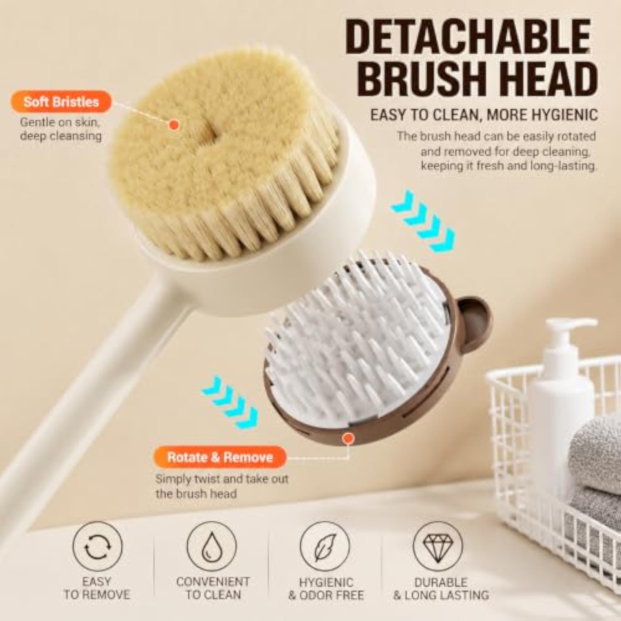 2-in-1 Long Handle Bath & Body Brush with Detachable Massage Head