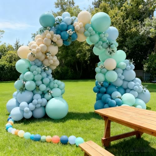 Image of 163Pcs Under The Sea Balloon Garland Arch Kit - Ocean Theme Party Decorations with Dusty Slate Blue Pastel Green Sand White Balloons for Baby Shower Birthday Under the Sea Party Decorations