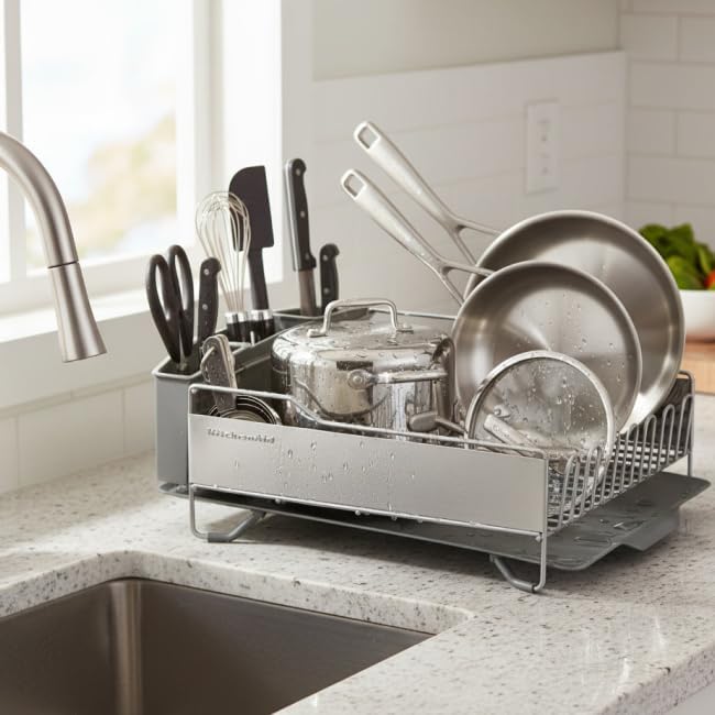 KitchenAid Large Capacity Full Size Rust Resistant Dish Rack with Angled Drain Board and Removable Flatware Caddy, Light Grey Gray Full Size