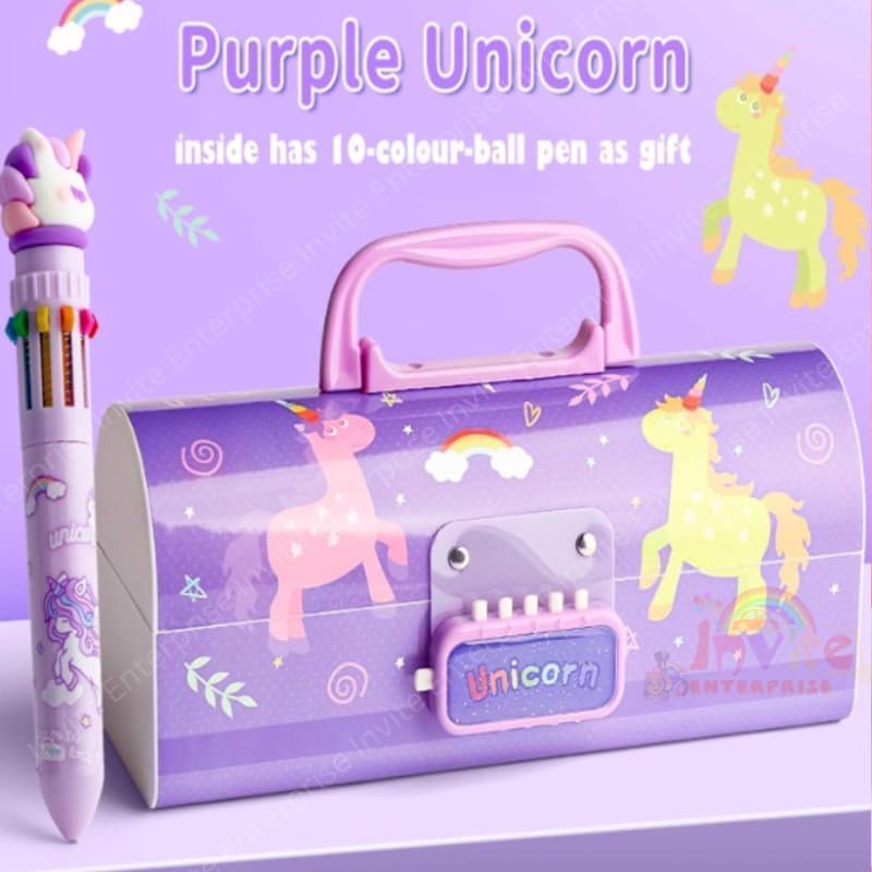 Image of WORSHIPER New Cartoon Theme Pencil Box with Push Pull Eraser Set for Kids | Suitcase Style Password Lock Stationery Organizer | School Supplies Gift Combo for Boys & Girls (Purple Unicorn + Eraser)