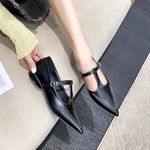 Women's Pointed Toe T-Strap Mary Jane Flats Shoes,Adjustable Buckle Hand Stitching Comfortable Flat Chunky Heel Dress Shoes4