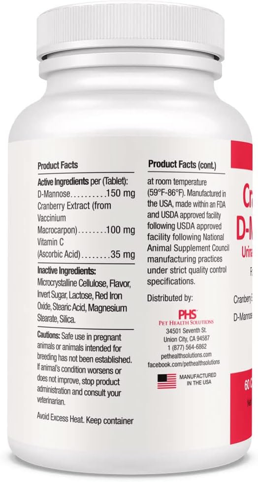 Cranberry D-Mannose Urinary Tract Support - Bladder Health Supplement for Dogs and Cats - 60 Tablets