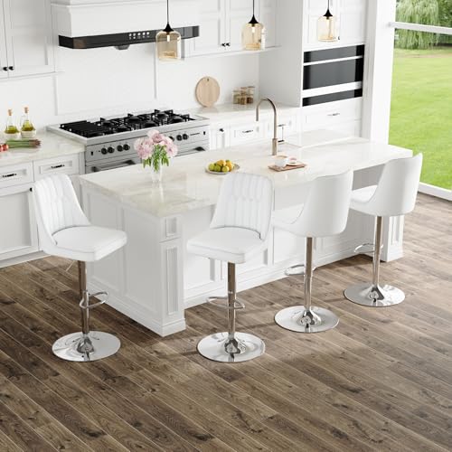 Image of Swivel Bar Stools Set of 4 - White Barstools with Back,Adjustable Counter Height Bar Stools with Sturdy Metal Legs,Leather Counter Height Stools Ideal for Kitchen Island Pub(25''-33''H)