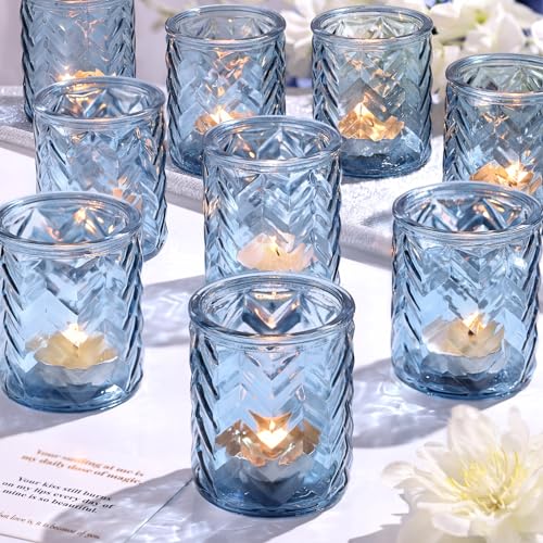 LAMORGIFT 12 PCS Blue Tealight Holders - Blue Votive Candle Holders for Wedding Party Decorations - Bulk for Wedding Reception, Bridal Shower, Baby Shower Party Decor