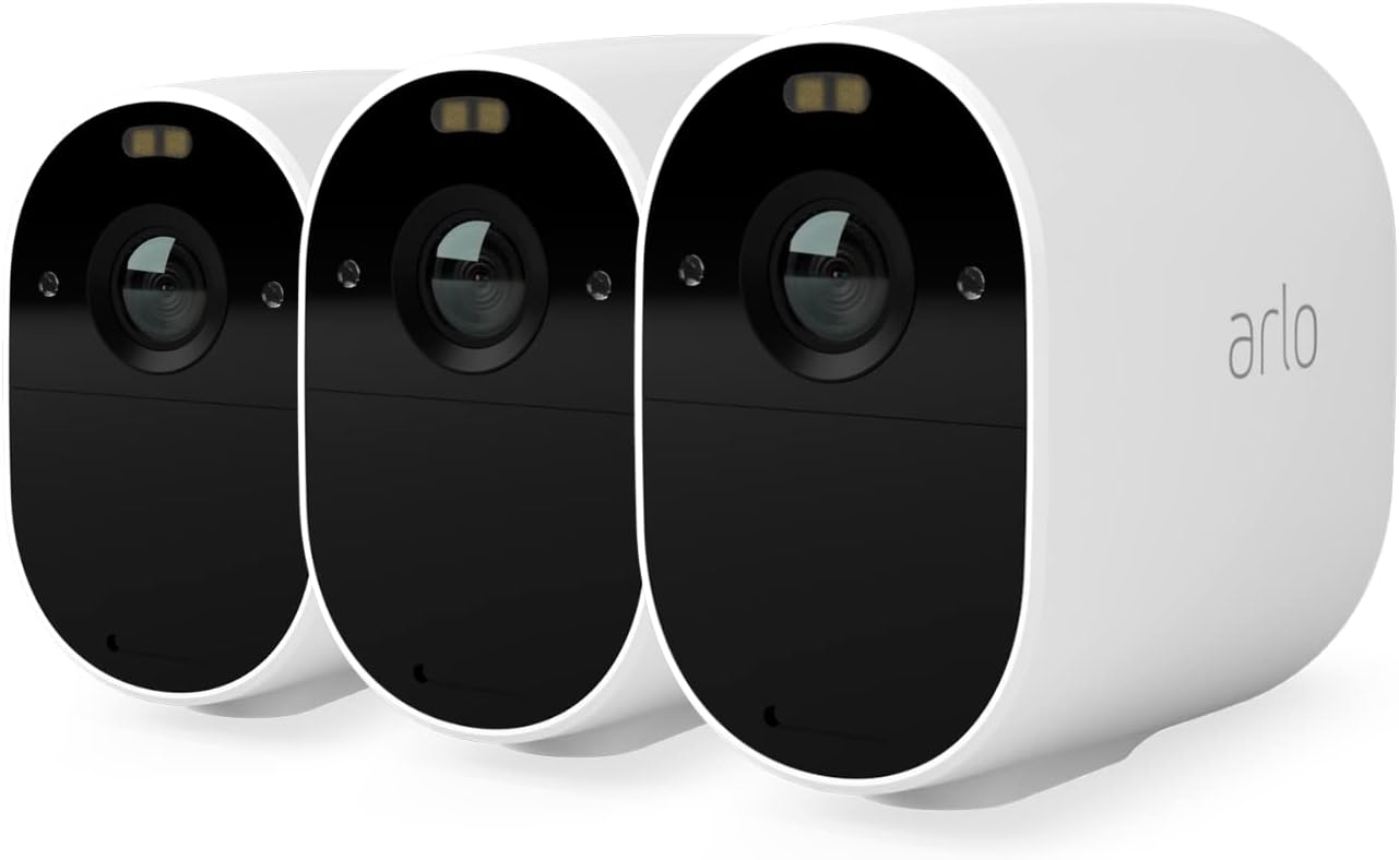 Essential Security Camera Outdoor, 1080p HD, Wireless CCTV, 3 Cam Kit, No Hub Needed, Colour Night Vision, 2-Way Audio, 6-Month Battery, Free Trial of Arlo Secure Plan, White