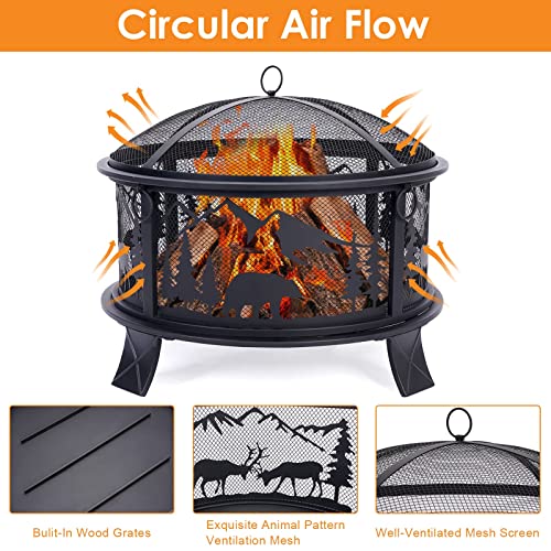 Fire Pit, 24" Round Metal Fire Bowl for Camping Backyard Patio Bonfire Outdoor Wood Burning with Spark Screen – Image 5