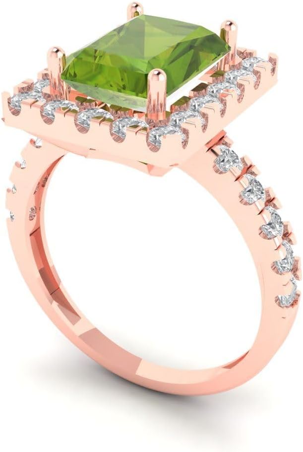 Clara Pucci 4 Brilliant Emerald Cut Solitaire W/Accent Halo Natural Green Peridot Bridal Wedding Statement Ring Solid 18K Rose Gold