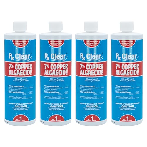 Rx Clear 7% Copper Algaecide | Kills and Prevents Algae for In-Ground and Above Ground Swimming Pools | Safe Formula for Swimmers | One Quart Bottles | 4 Pack
