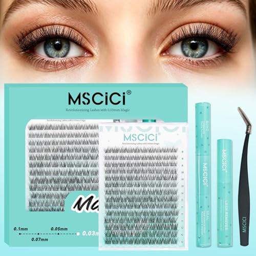 Natural Wispy Short Lash Clusters Kit for Sensitive Eyes - Waterproof Latex-Free Clear Lash Glue, Invisible Clear Lash Band, DlY Natural Look Cluster Lashes (AuraVenus Lash Kit 9-12mm C Curl)