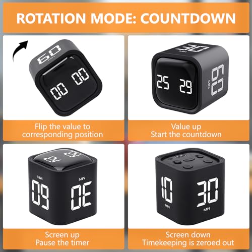 Image of GuDoQi Multi-Function Cube Timer, 5 /10 /30 /60 Min & Custom Count Down, Included Pause & Resume Feature, Silent, Vibrate & Adjustable Sound Alarm for Productivity in Tasks, Study & Kitchen, Black