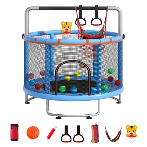 55" Small Trampoline for Kids, Telawah Indoor Outdoor with with Enclosure Net, Safety Enclosure, Round Jumping Mat with Basketball Hoops, Birthday Gifts for Children