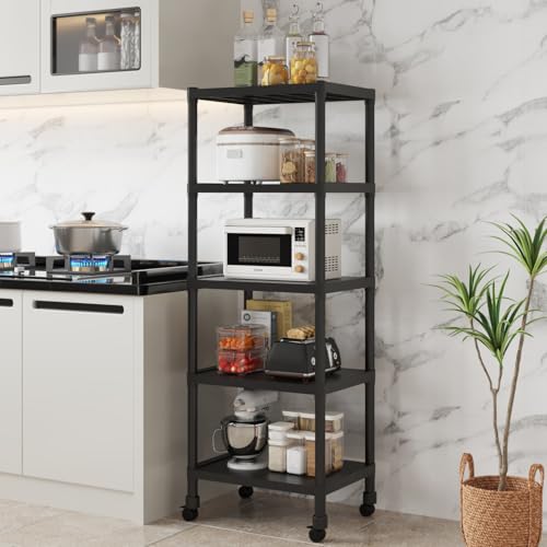 Image of HOME CUBE 5-Tier Storage Shelf with Plastic Shelves with Wheels Kitchen Organizer Rack Microwave Stand Bookshelf Standing Shelf Units Multipurpose Storage Rack for Living Room - 50x35x144 cm