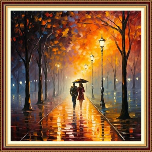 Image of Funchey Stamped Cross Stitch Kits, DIY Cross Stitch Pattern for Adults Beginners Needlepoint Kits Embroidery Kit Arts and Crafts 11CT-Strolling on a Rainy Night 18x18 inch