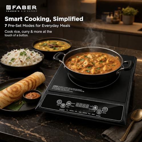 Image of Faber Zion 1400W Induction Stove|7 Auto-Cook Function, Auto Pan Detection, Preset Timer, Overheat Protection|Shock-Proof Body, Black Crystal Glass, Soft-Touch Control, LED Display|(Black)